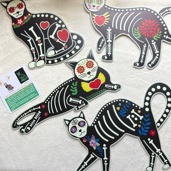 Glow-in-the-Dark Sugar Skull Yard Signs w Black Kittens for Day of the Dead - Picture 1 of 8